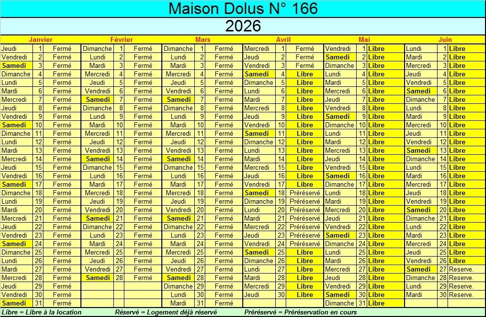 Disponibilités 1er semestre - Maison Dolus d'Oléron